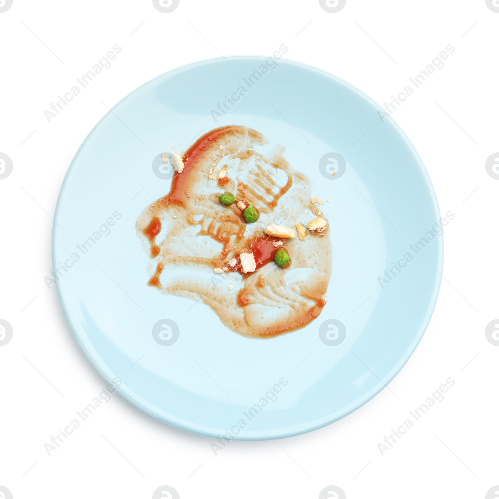 Dirty plate with tomato sauce, peas and bread crumbs isolated on white, top view Photo of Dirty plate with tomato sauce, peas and bread crumbs isolated on white, top view