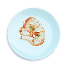 Photo of Dirty plate with tomato sauce, peas and bread crumbs isolated on white, top view