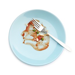 Photo of Dirty plate with tomato sauce, peas, bread crumbs and fork isolated on white, top view