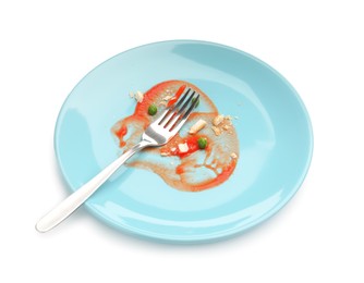 Photo of Dirty plate with tomato sauce, peas, bread crumbs and fork isolated on white