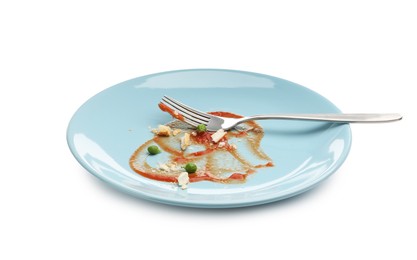 Photo of Dirty plate with tomato sauce, peas, bread crumbs and fork isolated on white