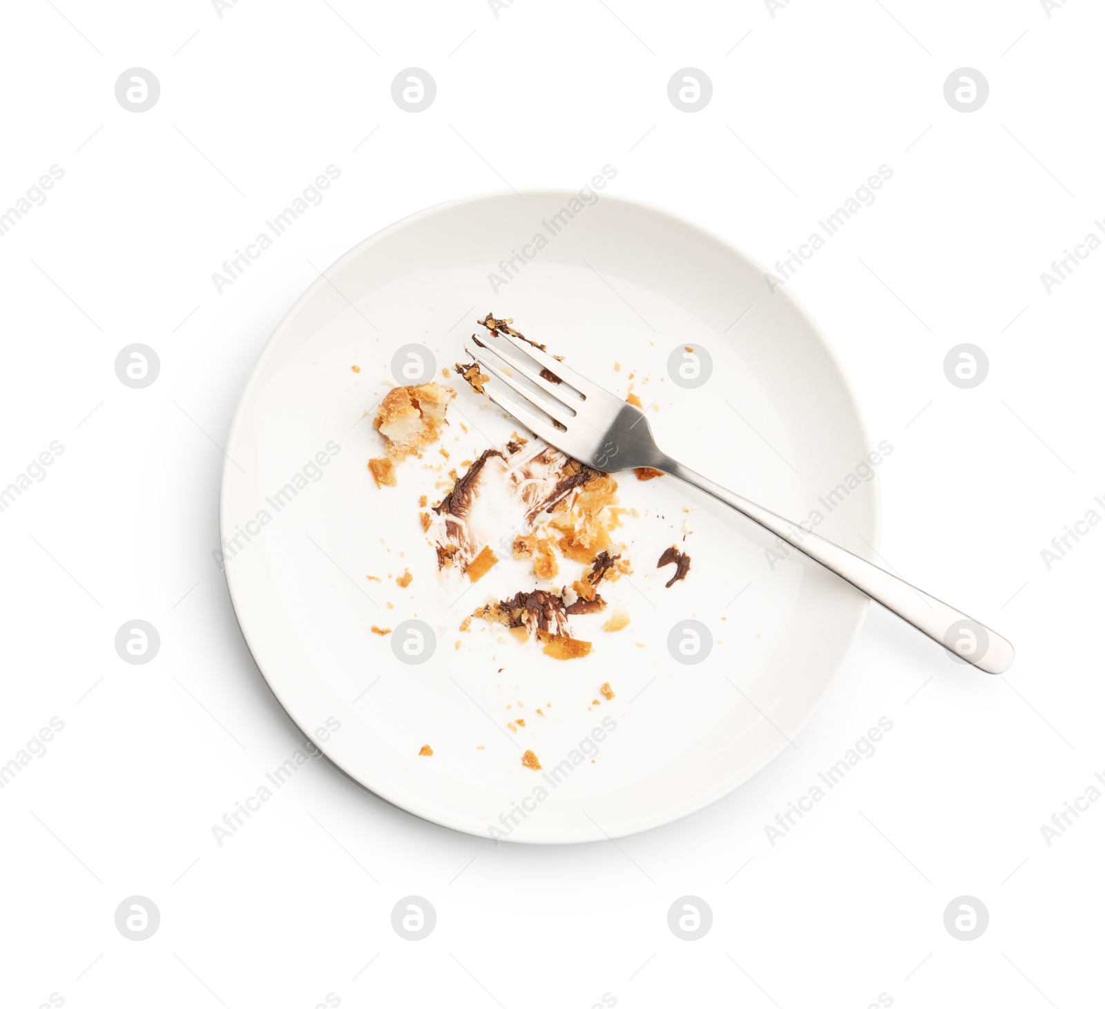 Dirty plate with crumbs and sauce isolated on white, top view Photo of Dirty plate with crumbs and sauce isolated on white, top view
