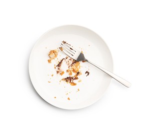 Photo of Dirty plate with crumbs and sauce isolated on white, top view