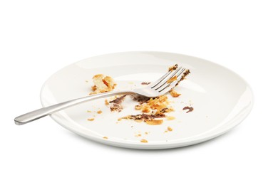 Photo of Dirty plate with crumbs, sauce and fork isolated on white
