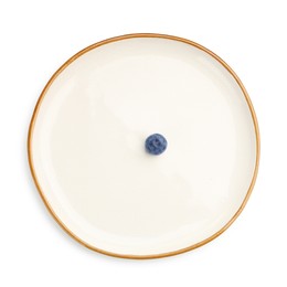 Photo of Plate with fresh blueberry isolated on white, top view