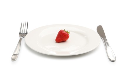 Photo of Plate with fresh strawberry and cutlery isolated on white