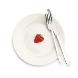 Photo of Plate with fresh strawberry and cutlery isolated on white, top view