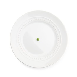 Photo of Plate with fresh green pea isolated on white, top view