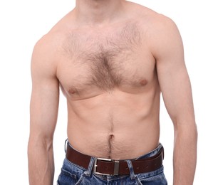 Photo of Man before scoliosis treatment on white background, closeup