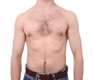 Photo of Man after scoliosis treatment on white background, closeup