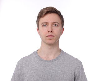 Photo of Handsome man after shaving on white background