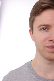 Photo of Man after shaving on white background, closeup