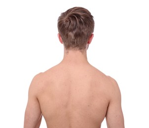 Photo of Man after scoliosis treatment on white background, back view