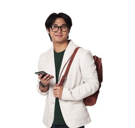Photo of Portrait of handsome Asian man in glasses with smartphone and backpack on white background