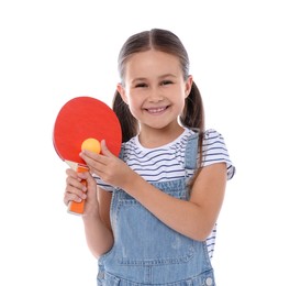 Photo of Little girl with ping pong racket and ball on white background