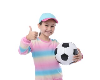 Photo of Little girl with soccer ball showing thumbs up on white background