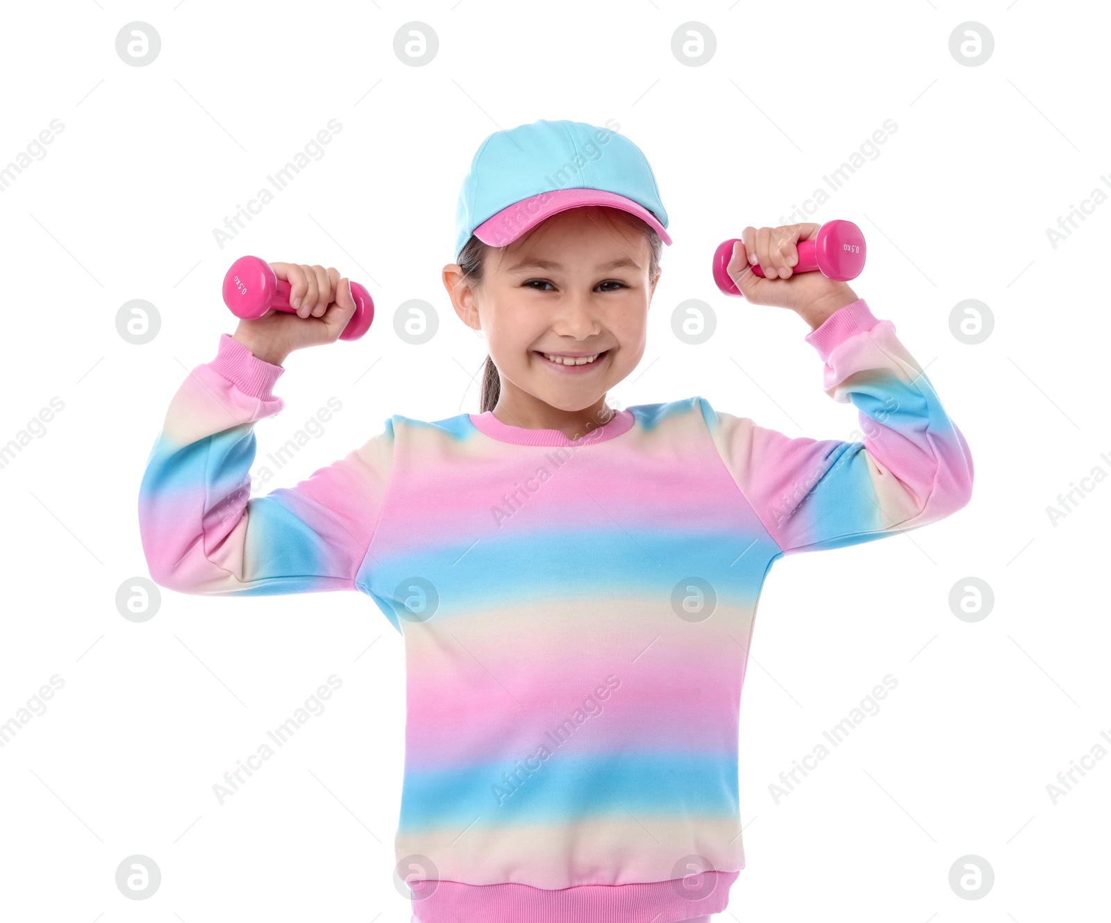 Little girl with dumbbells on white background Photo of Little girl with dumbbells on white background