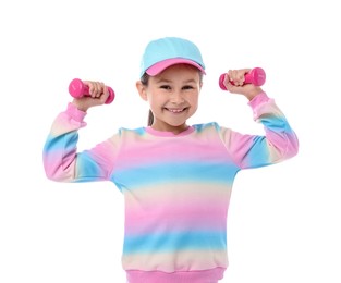 Photo of Little girl with dumbbells on white background
