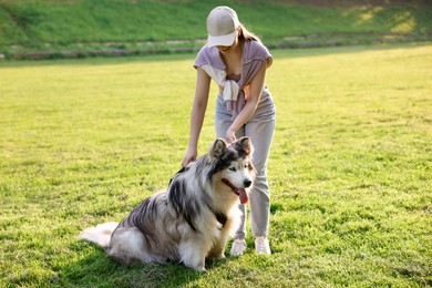 Photo of Smiling woman with her cute Alaskan malamute dog on green grass outdoors in morning