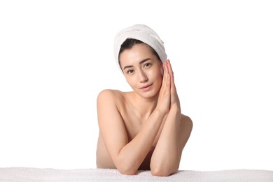 Photo of Portrait of beautiful woman after spa treatment on white background