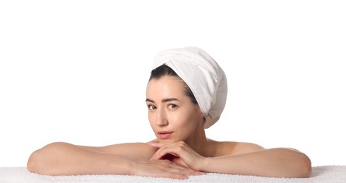 Photo of Portrait of beautiful woman after spa treatment on white background