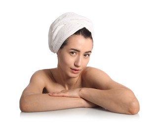 Photo of Beautiful woman after spa treatment at mirror surface on white background