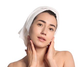 Photo of Portrait of beautiful woman after spa treatment on white background, closeup