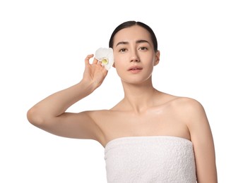 Photo of Portrait of beautiful woman with orchid flower after spa treatment on white background