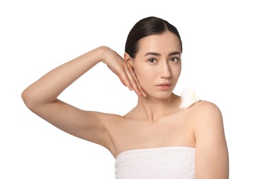 Photo of Portrait of beautiful woman with orchid flower after spa treatment on white background