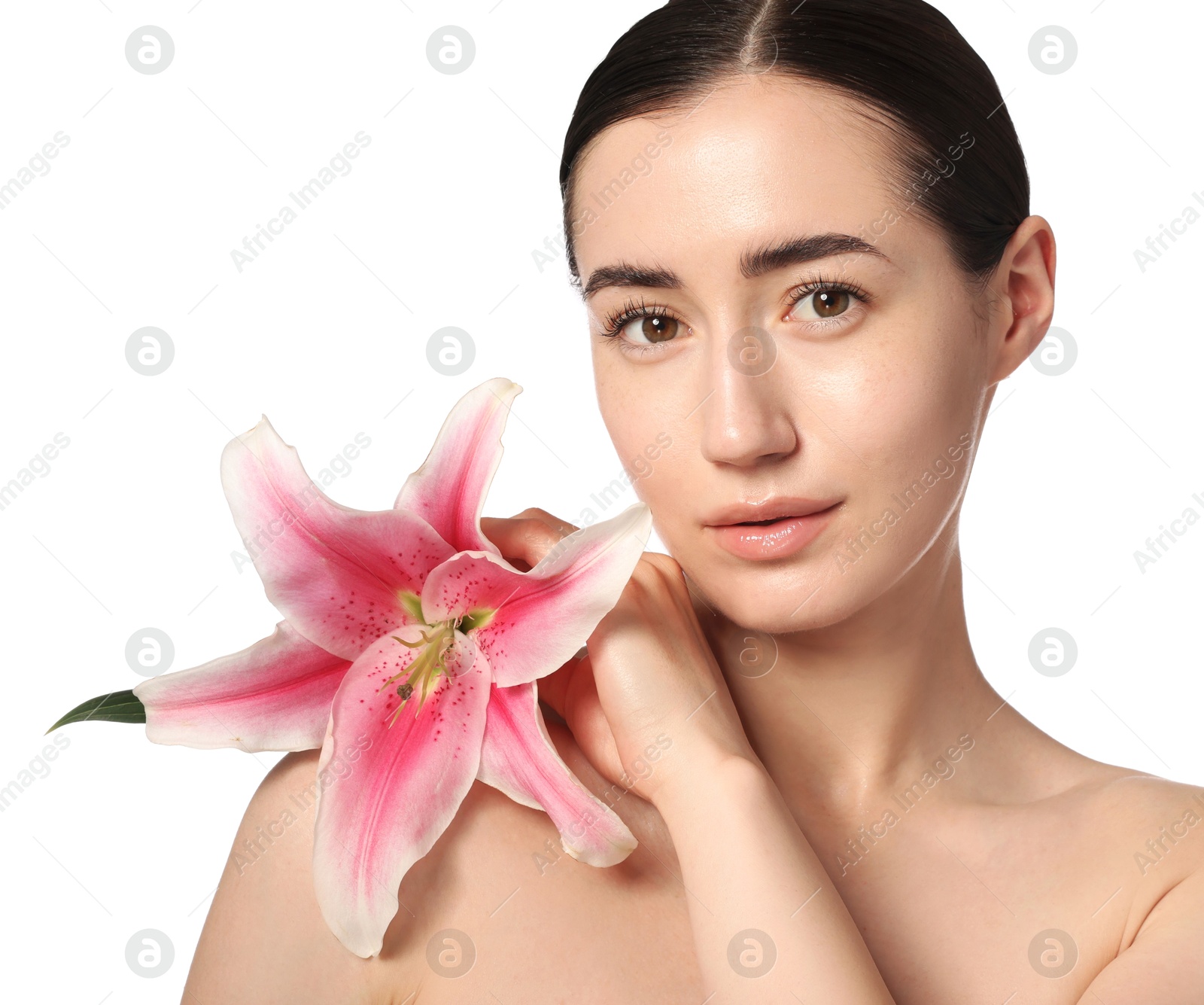 Portrait of beautiful woman with lily flower after spa treatment on white background, closeup Photo of Portrait of beautiful woman with lily flower after spa treatment on white background, closeup