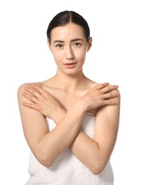 Photo of Portrait of beautiful woman after spa treatment on white background