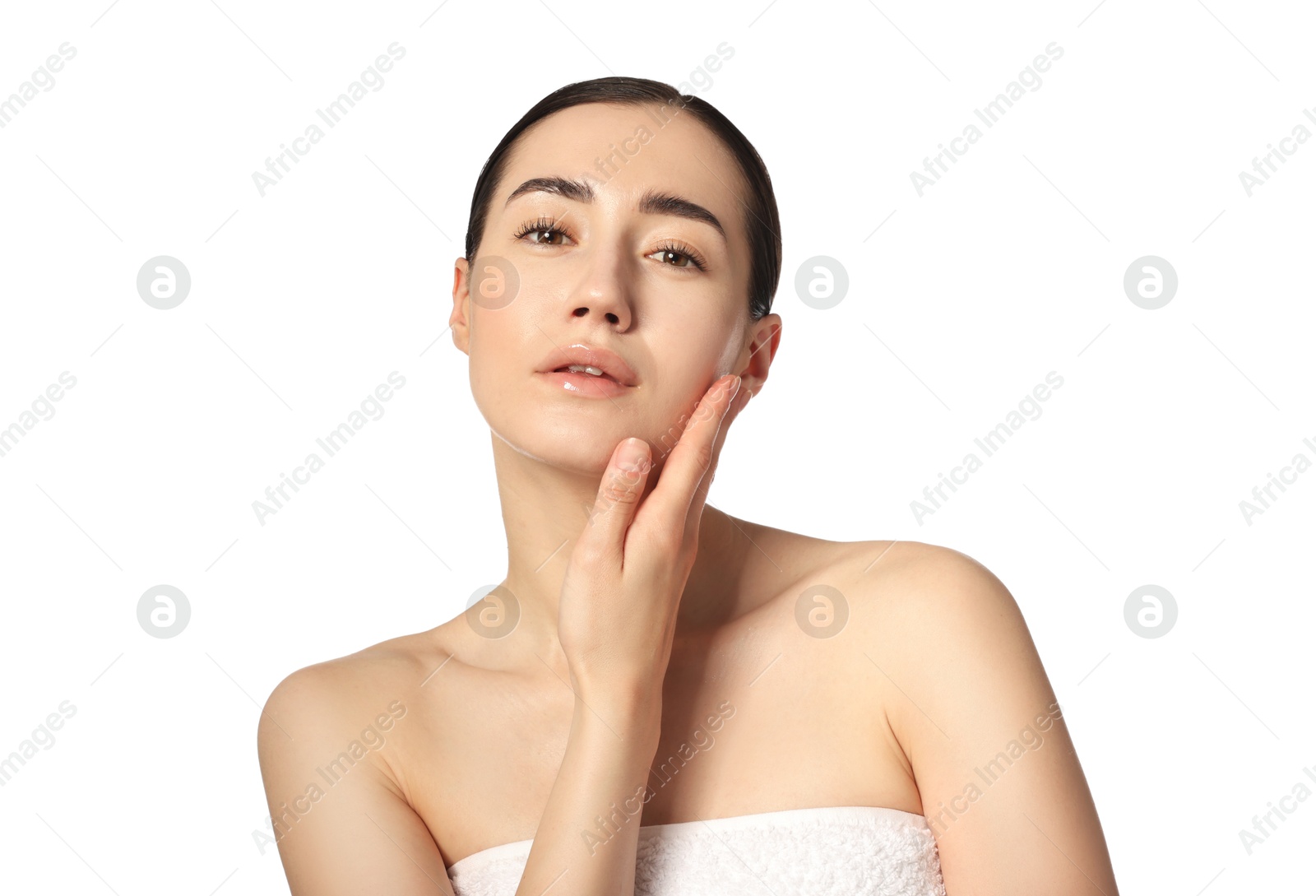 Portrait of beautiful woman after spa treatment on white background Photo of Portrait of beautiful woman after spa treatment on white background