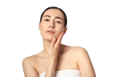 Photo of Portrait of beautiful woman after spa treatment on white background