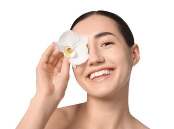 Photo of Portrait of smiling woman with orchid flower after spa treatment on white background, closeup