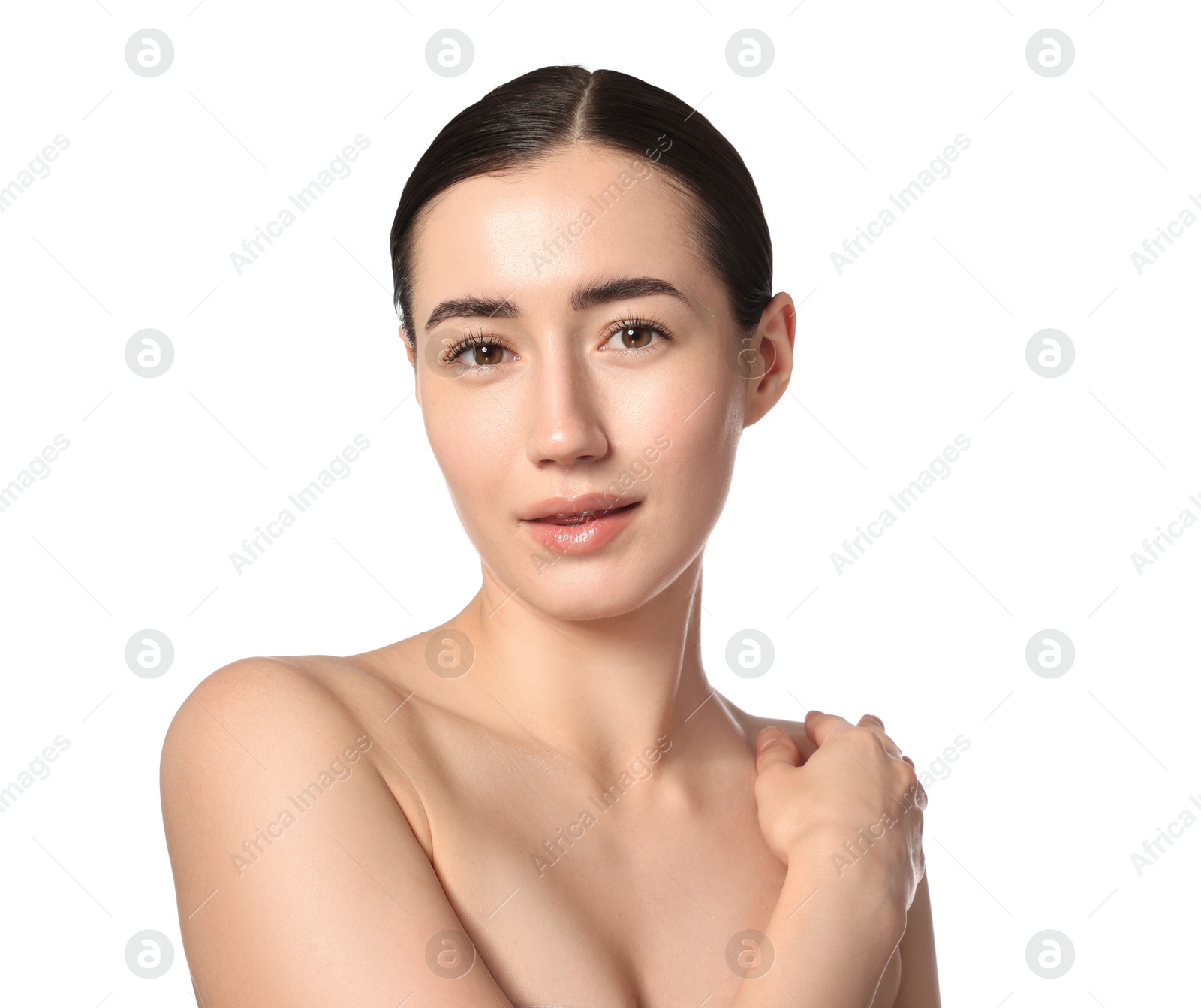 Portrait of beautiful woman after spa treatment on white background Photo of Portrait of beautiful woman after spa treatment on white background
