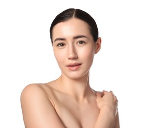 Photo of Portrait of beautiful woman after spa treatment on white background