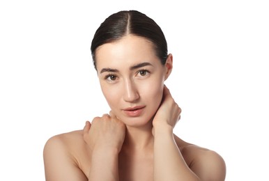 Photo of Portrait of beautiful woman after spa treatment on white background