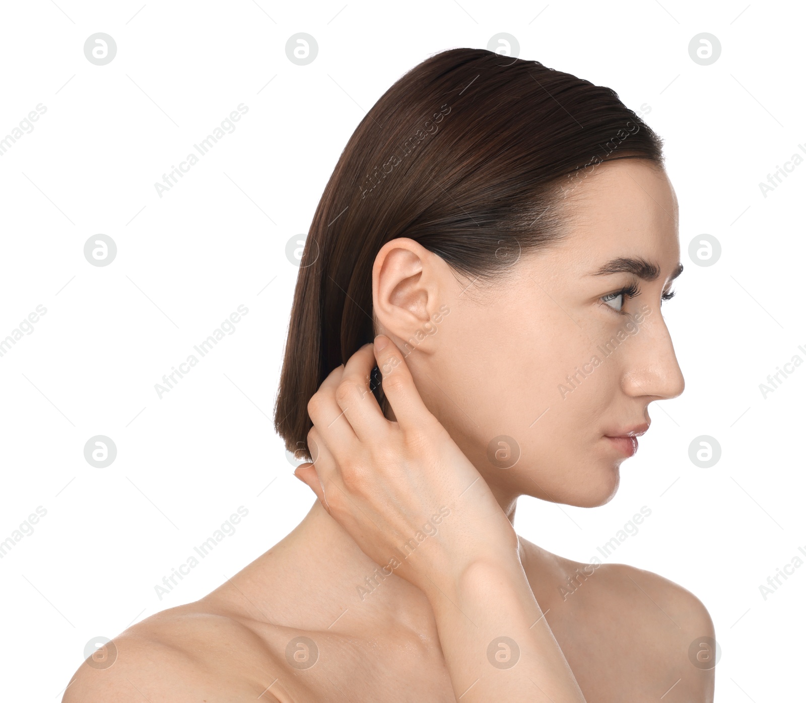 Beautiful woman after spa treatment on white background, closeup Photo of Beautiful woman after spa treatment on white background, closeup