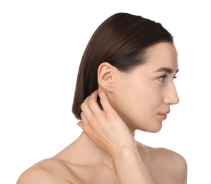 Photo of Beautiful woman after spa treatment on white background, closeup