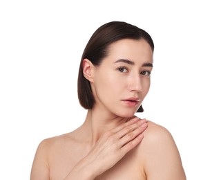 Photo of Portrait of beautiful woman after spa treatment on white background