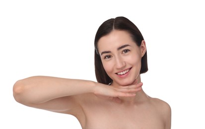 Photo of Portrait of smiling woman after spa treatment on white background