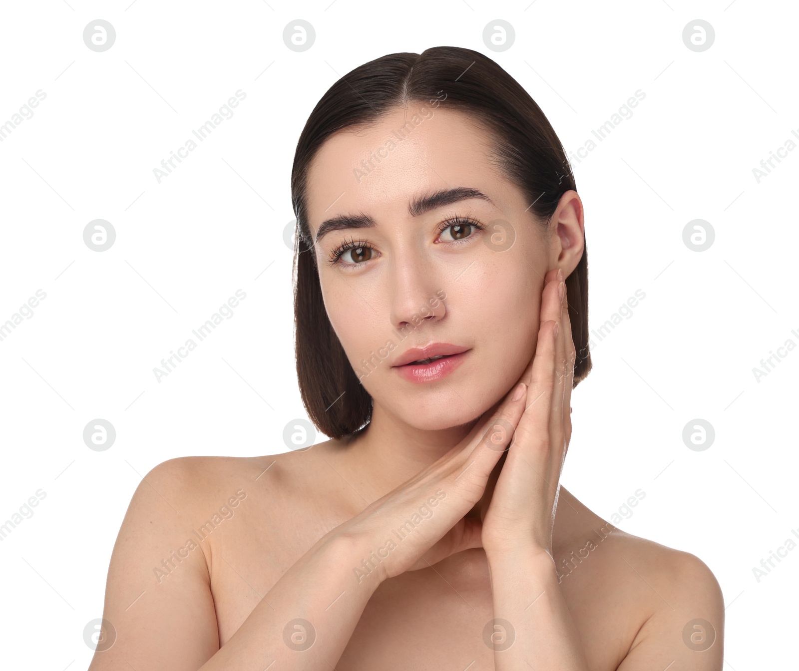Portrait of beautiful woman after spa treatment on white background, closeup Photo of Portrait of beautiful woman after spa treatment on white background, closeup