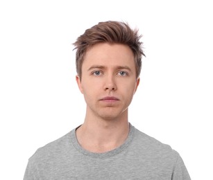 Photo of Handsome man after shaving on white background