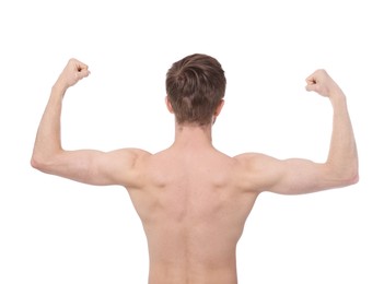 Photo of Man showing his biceps on white background, back view