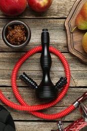 Photo of Hookah and fresh fruits on wooden table, flat lay