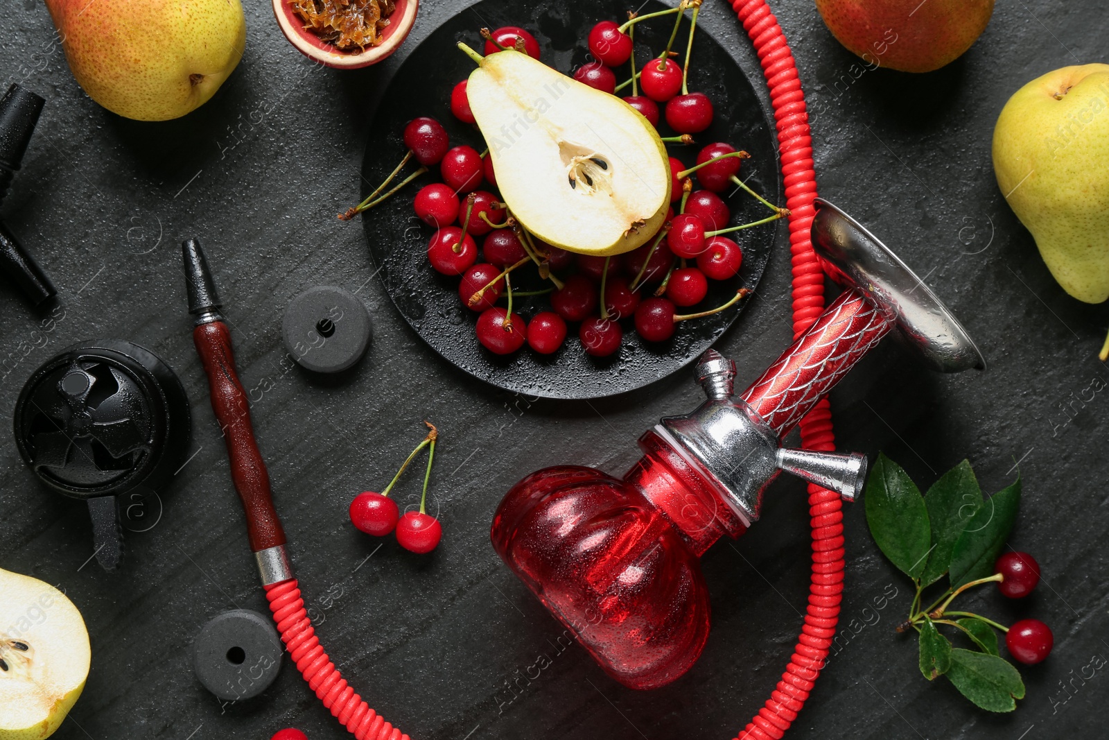 Photo of Hookah and fresh fruits on black table, flat lay