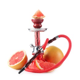 Photo of Hookah with fresh grapefruits isolated on white