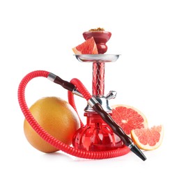 Photo of Hookah with fresh grapefruits isolated on white