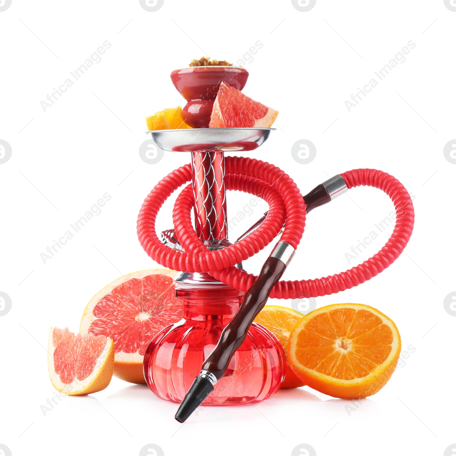 Hookah with different fruits isolated on white Photo of Hookah with different fruits isolated on white