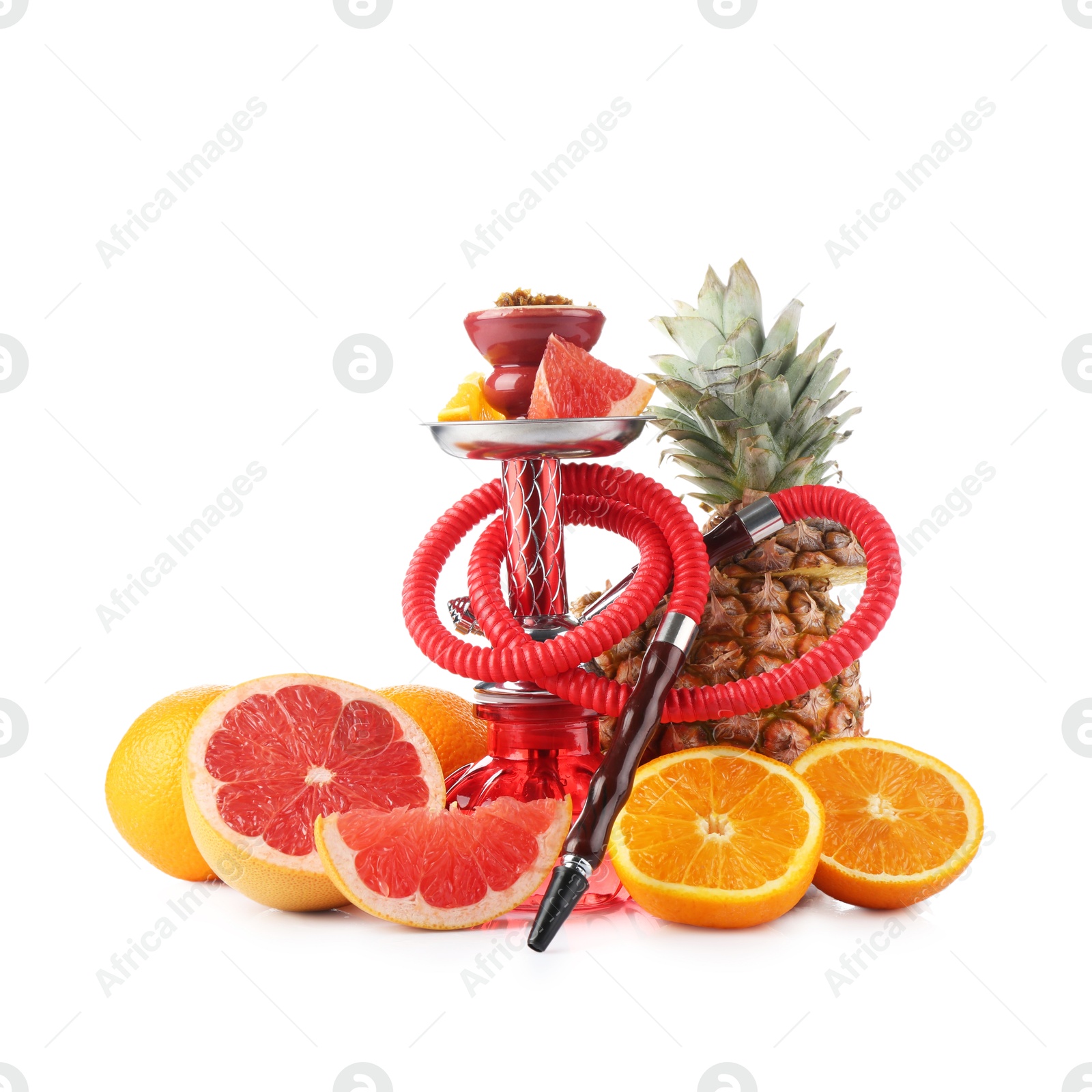 Hookah with different fruits isolated on white Photo of Hookah with different fruits isolated on white